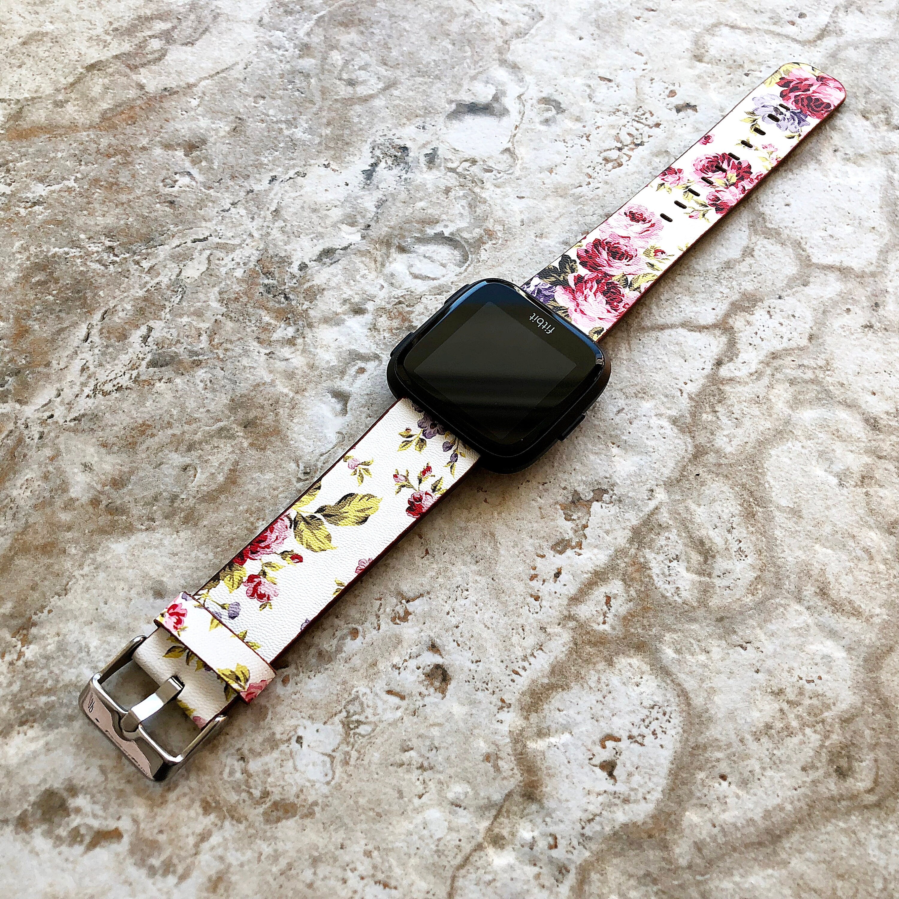 Fitbit Versa 2 3 4 Sense 2 Band FL-3 Soft Leather Strap High Resistant Printed Coated Floral Accent Flowers Quick Release Pins Adapters